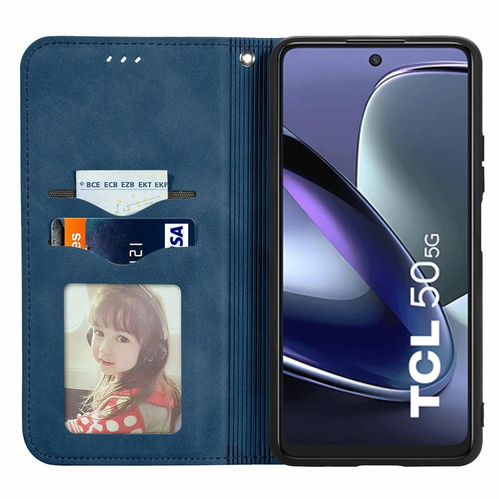 For TCL 50 5G Case Skin Touch Feeling Leather Card Holder Phone Cover Magnetic Absorption - Dark Blue - 2