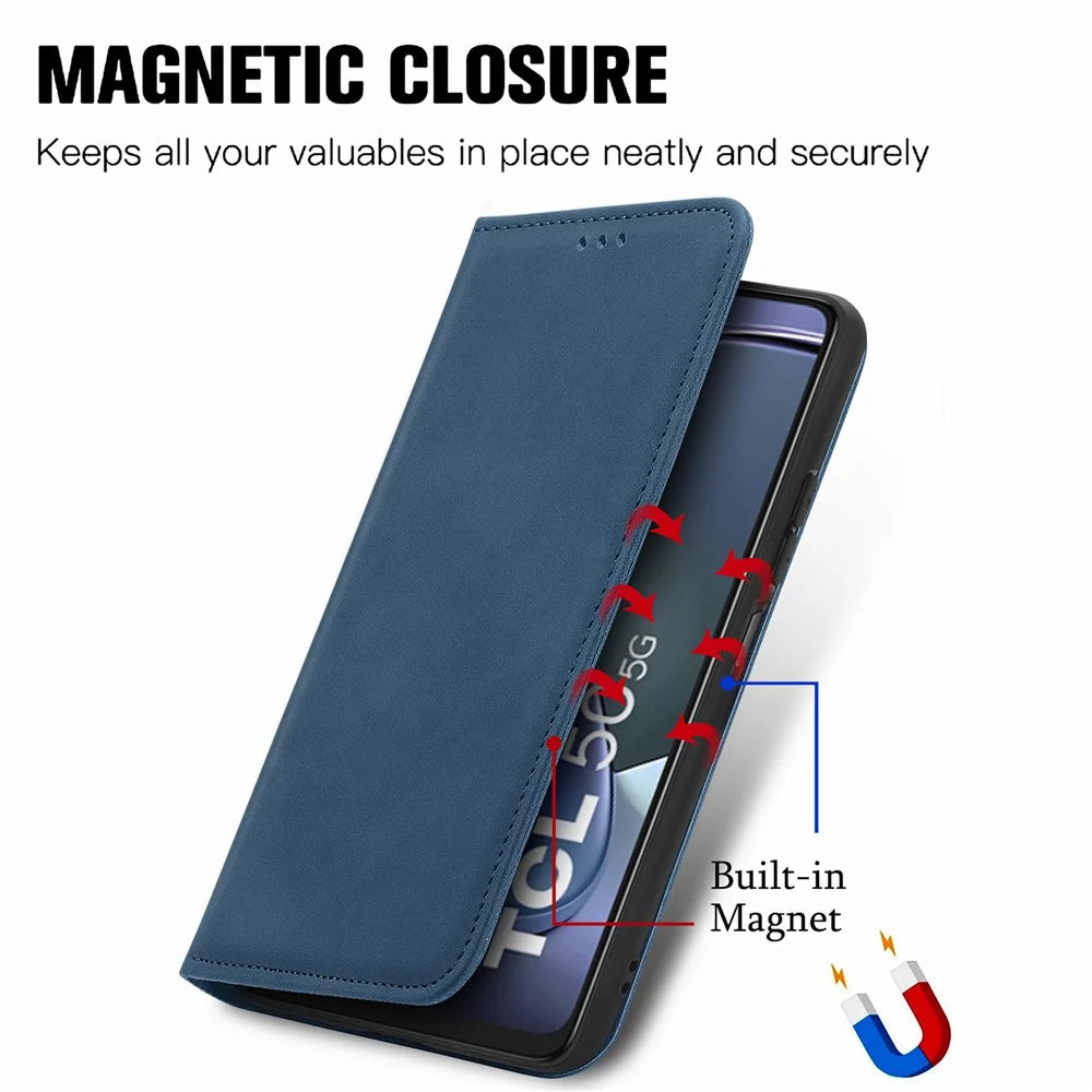 For TCL 50 5G Case Skin Touch Feeling Leather Card Holder Phone Cover Magnetic Absorption - Dark Blue - 4