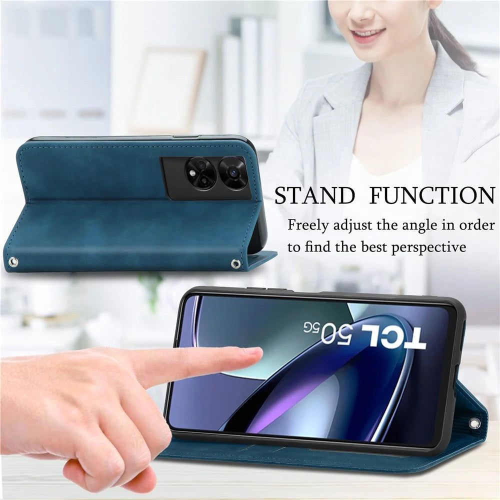 For TCL 50 5G Case Skin Touch Feeling Leather Card Holder Phone Cover Magnetic Absorption - Dark Blue - 5