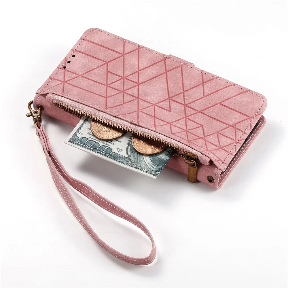 For TCL 50 5G PU Leather Stand Wallet Cover Geometry Imprinted Phone Case - Pink - 4