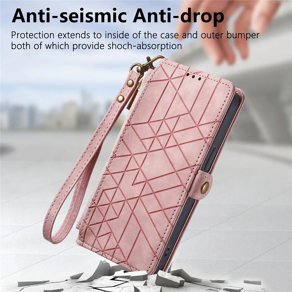 For TCL 50 5G PU Leather Stand Wallet Cover Geometry Imprinted Phone Case - Pink - 7