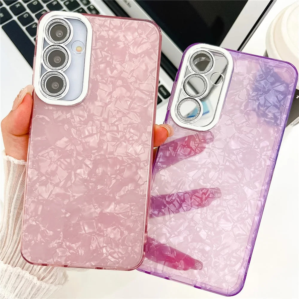 For Samsung Galaxy S24 FE Case IMD Design Shockproof PC+TPU Phone Cover with Glass Lens Film - Ripple Pattern / Purple - 6