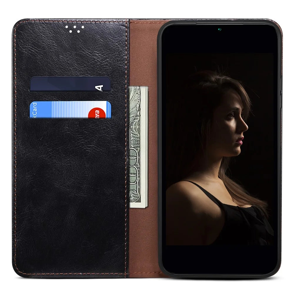 For OnePlus 13 Case Crazy Horse Texture Waxy Leather Wallet Stand Phone Cover - Black - 2