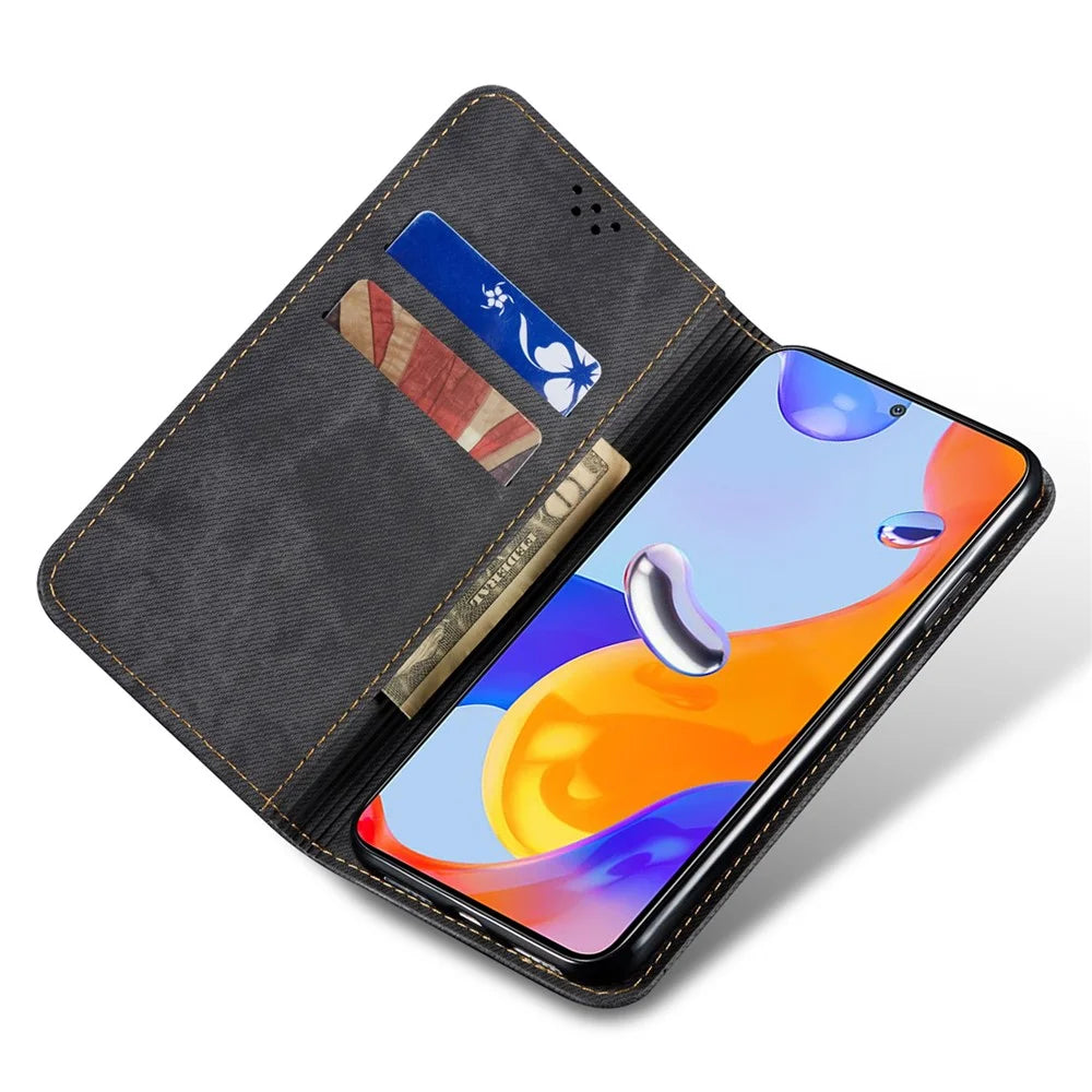 For OnePlus 13 Case Jeans Cloth Texture Anti-Scratch Leather Stand Phone Cover - Black - 2