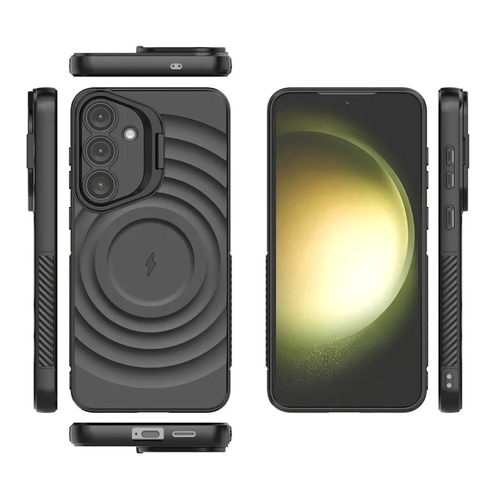 For Samsung Galaxy S25 Magnetic Case PC Kickstand Ripple Texture TPU Phone Cover - Black - 6