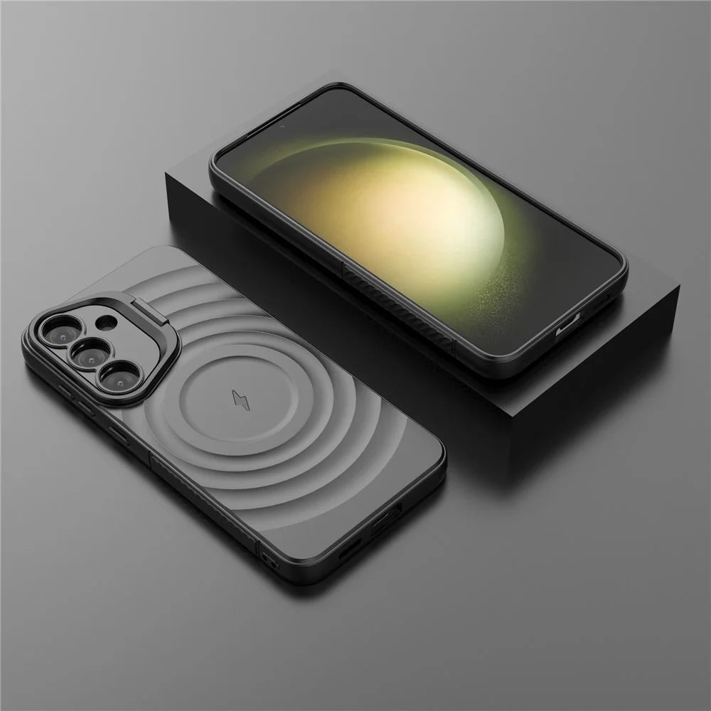 For Samsung Galaxy S25 Magnetic Case PC Kickstand Ripple Texture TPU Phone Cover - Black - 7