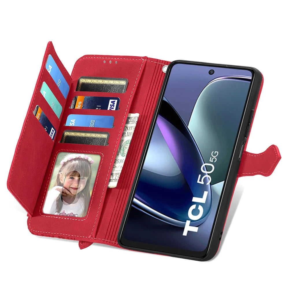 For TCL 50 5G Zipper Wallet Case with Strap Flower Imprint PU Leather Phone Cover - Red - 2