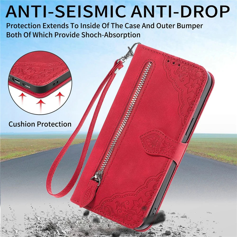 For TCL 50 5G Zipper Wallet Case with Strap Flower Imprint PU Leather Phone Cover - Red - 6
