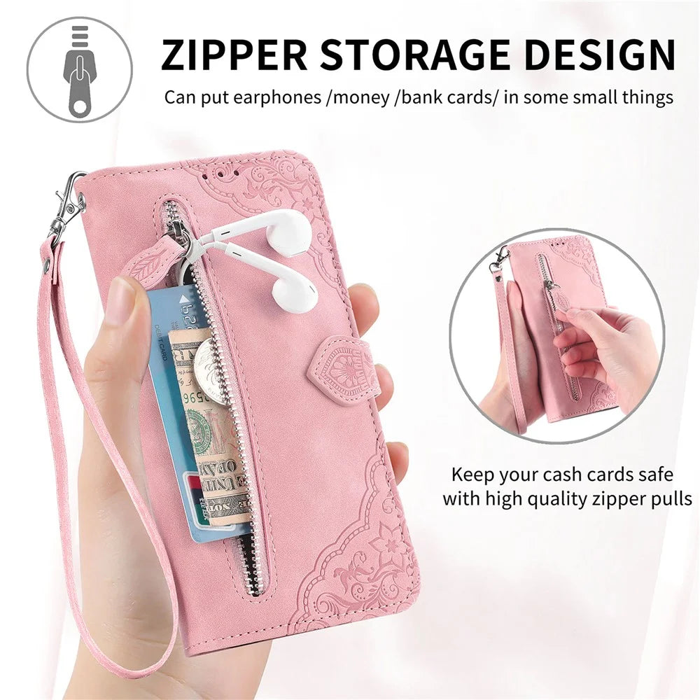 For TCL 50 5G Zipper Wallet Case with Strap Flower Imprint PU Leather Phone Cover - Red - 7
