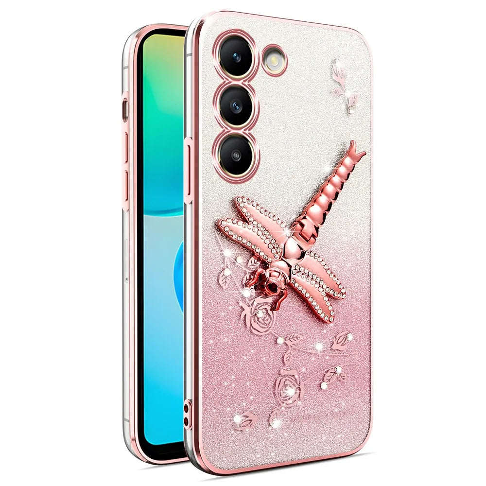 KADEM For Samsung Galaxy S23 Case Dragonfly Kickstand TPU Flowers Glitter Phone Cover - Pink - 1