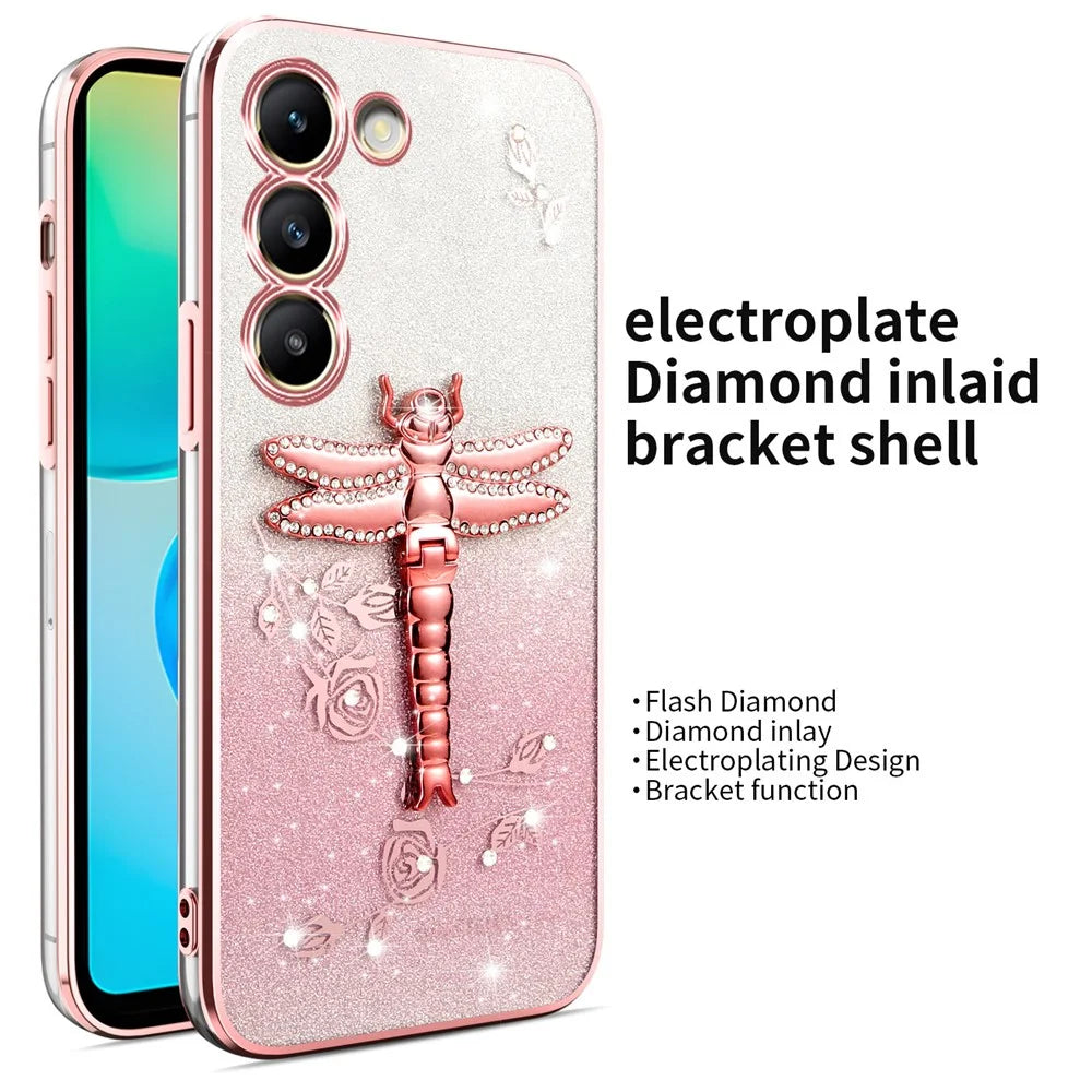 KADEM For Samsung Galaxy S23 Case Dragonfly Kickstand TPU Flowers Glitter Phone Cover - Pink - 2