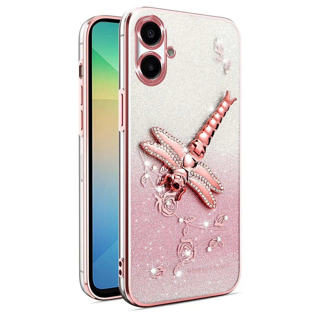 KADEM For Samsung Galaxy A06 4G Case Dragonfly Kickstand TPU Flowers Glitter Phone Cover - Pink - 1