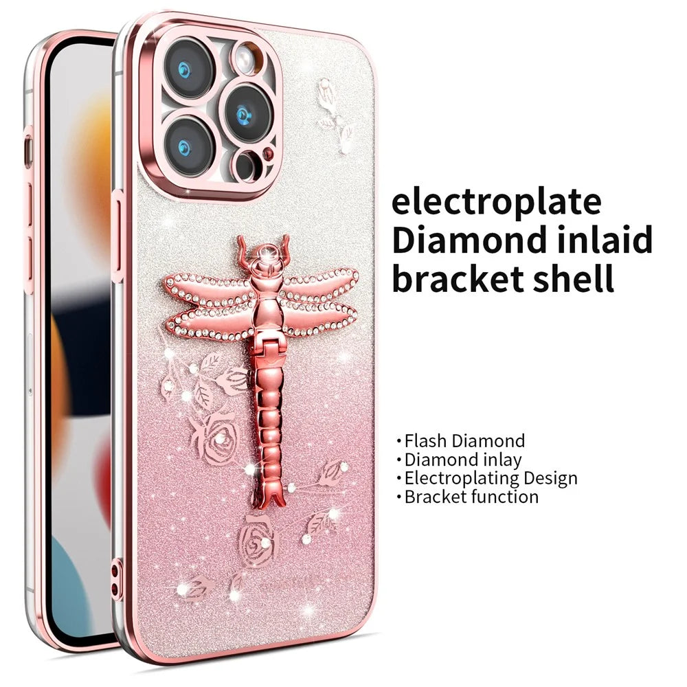 KADEM For iPhone 14 Pro Case Dragonfly Kickstand TPU Flowers Glitter Phone Cover - Pink - 2