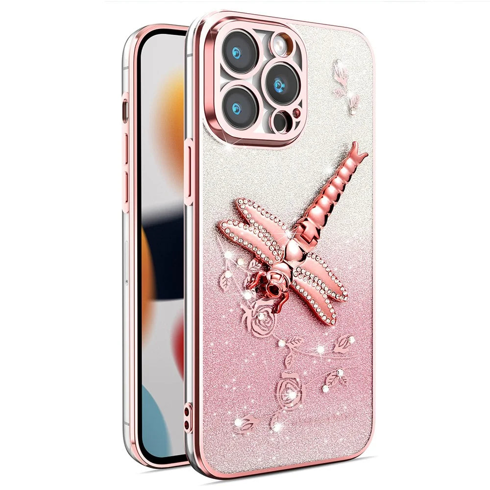 KADEM For iPhone 14 Pro Max Case Dragonfly Kickstand TPU Flowers Glitter Phone Cover - Pink - 1