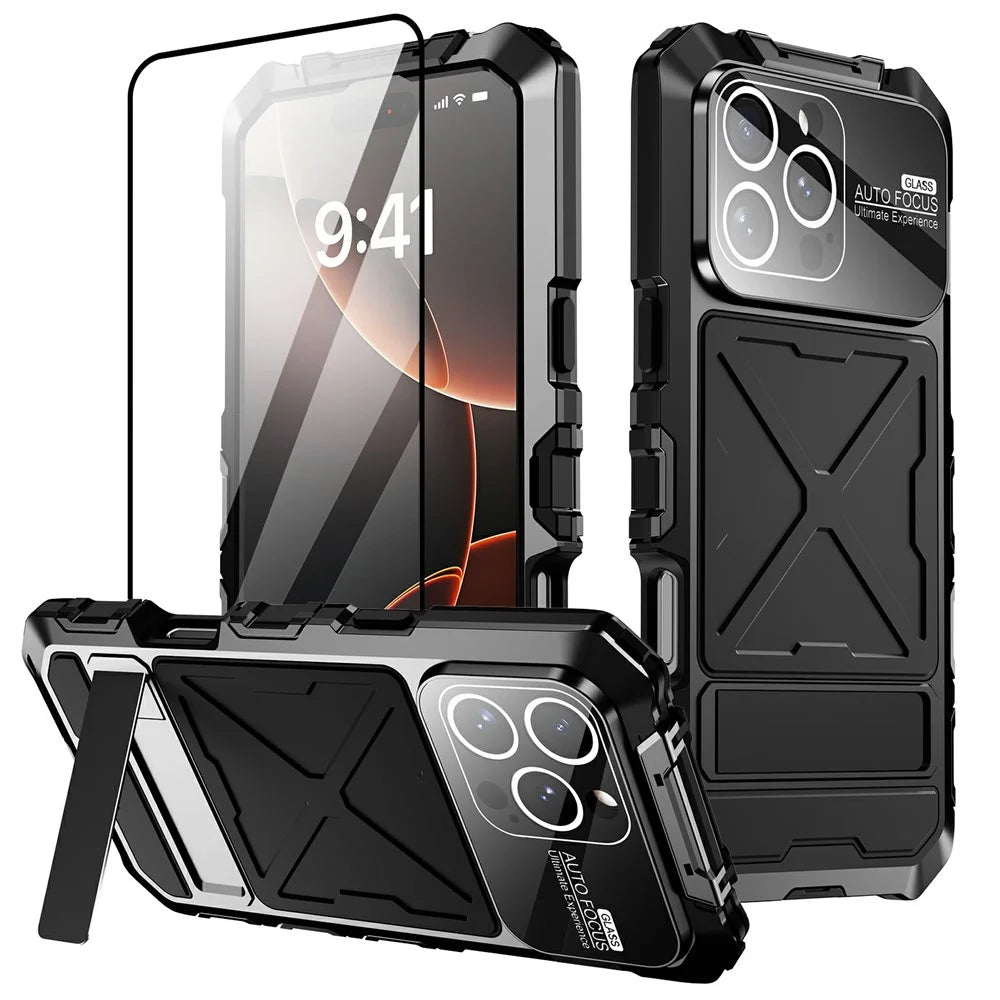 For iPhone 16 Pro Max Case Silicone + Metal Kickstand Anti Drop Three-Layer Protection Cover - Black - 1