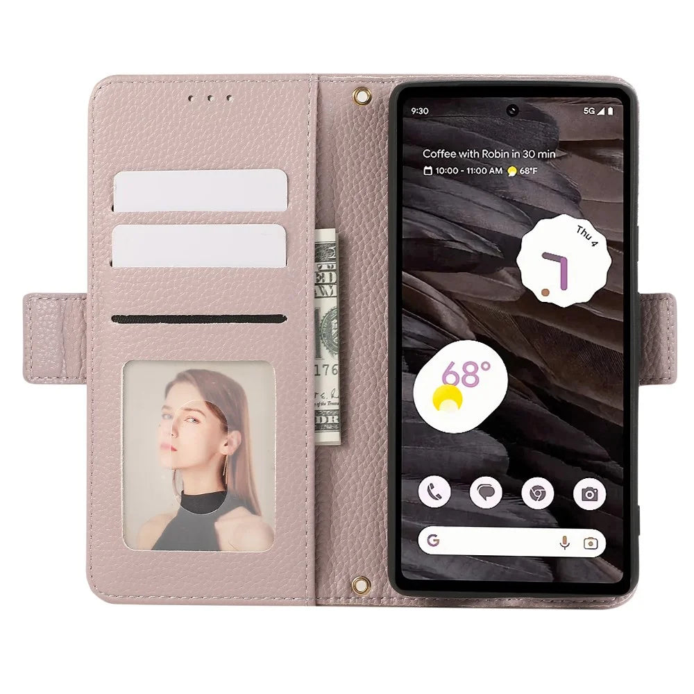 For Google Pixel 7a Leather Case with Card Holder, Straps, Shockproof Wallet Phone Cover - Purple - 2