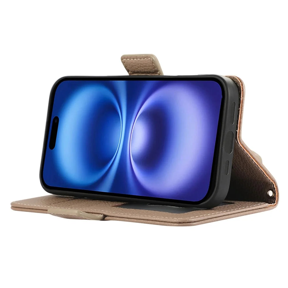 For iPhone 16 Plus Leather Case with Card Holder, Straps, Shockproof Wallet Phone Cover - Khaki - 3