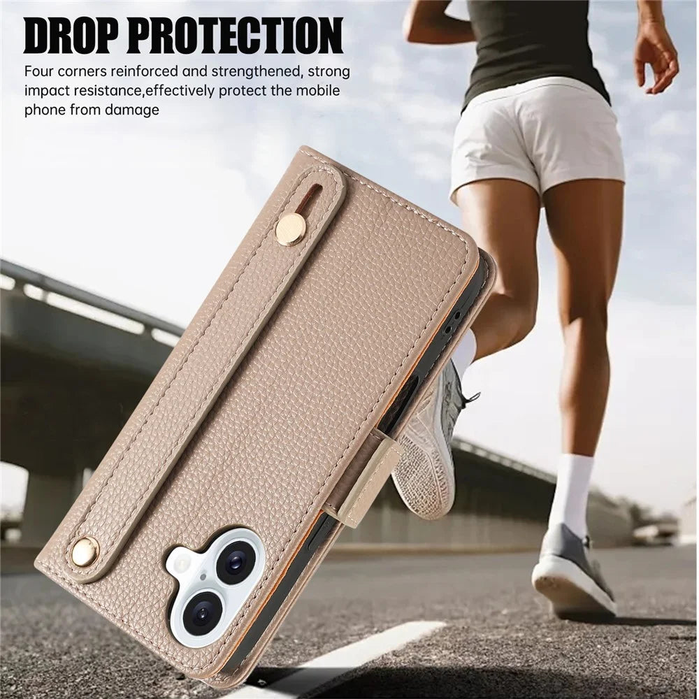 For iPhone 16 Plus Leather Case with Card Holder, Straps, Shockproof Wallet Phone Cover - Khaki - 7