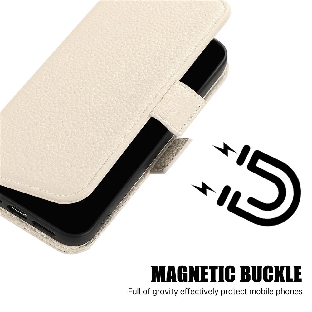 For iPhone 15 Pro Max Leather Case with Card Holder, Straps, Shockproof Wallet Phone Cover - Beige - 5