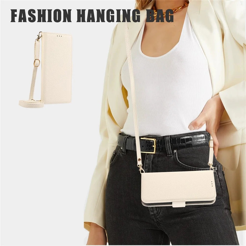 For iPhone 15 Pro Max Leather Case with Card Holder, Straps, Shockproof Wallet Phone Cover - Beige - 7