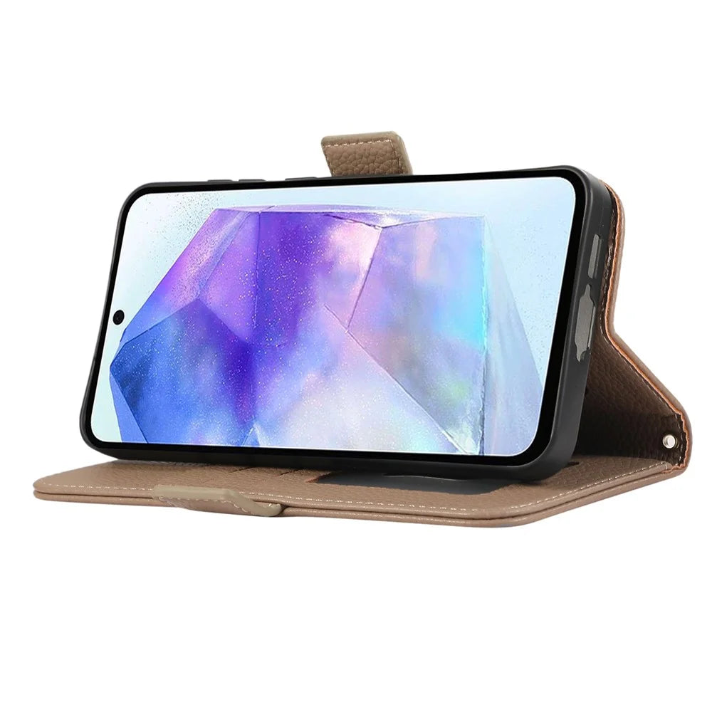 For Samsung Galaxy A15 5G / 4G Leather Case with Card Holder, Straps, Shockproof Wallet Phone Cover - Khaki - 3