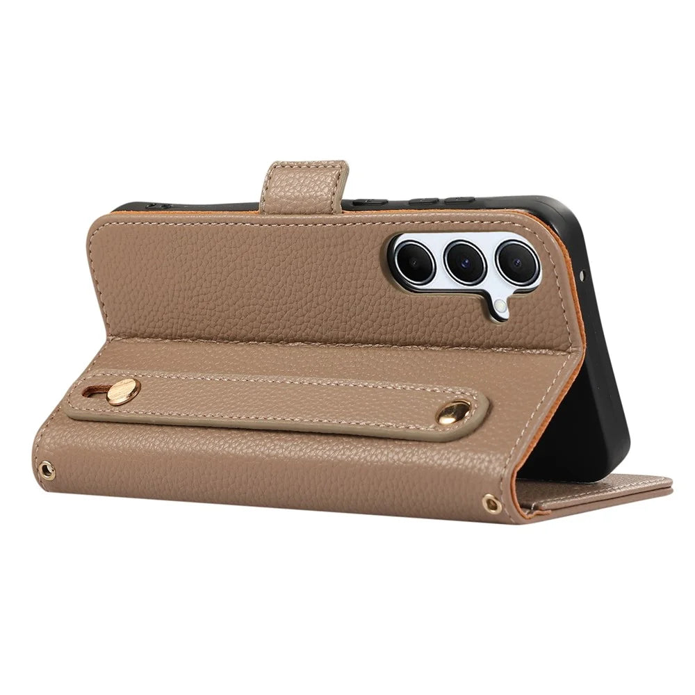 For Samsung Galaxy A15 5G / 4G Leather Case with Card Holder, Straps, Shockproof Wallet Phone Cover - Khaki - 4