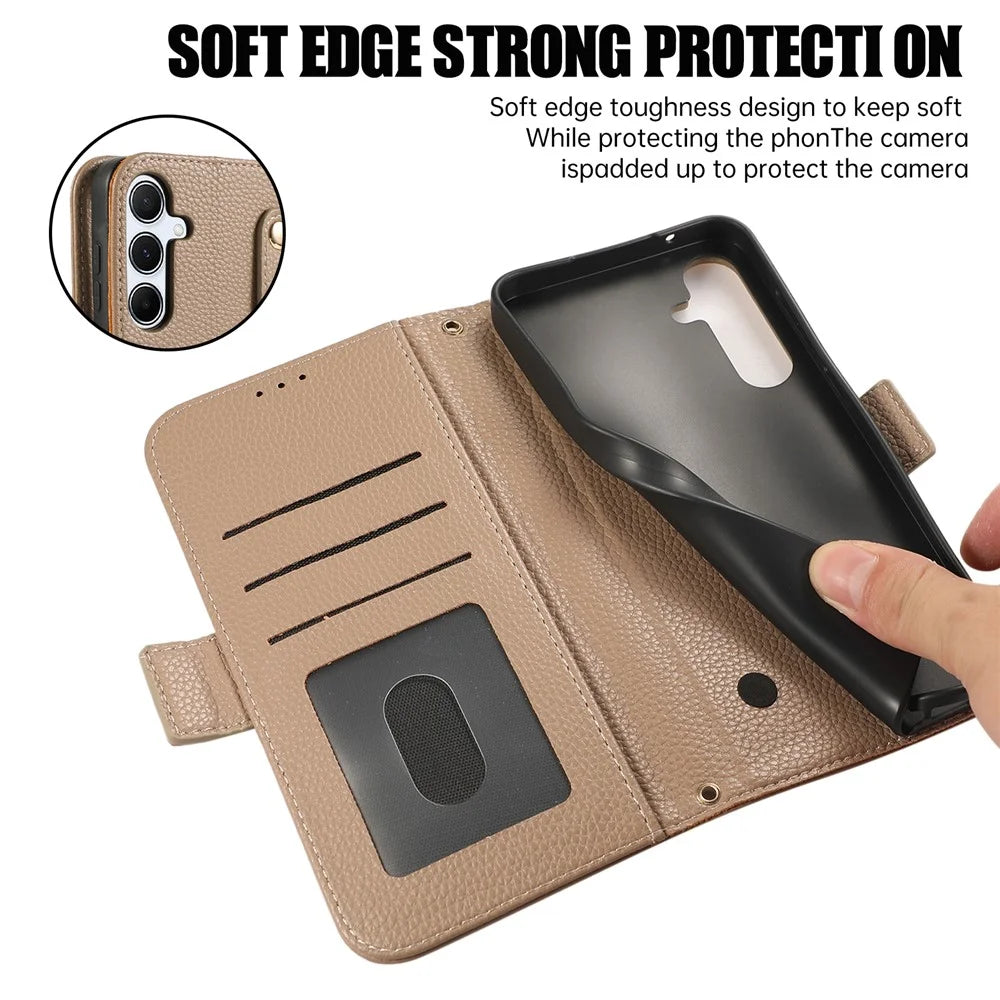 For Samsung Galaxy A15 5G / 4G Leather Case with Card Holder, Straps, Shockproof Wallet Phone Cover - Khaki - 5