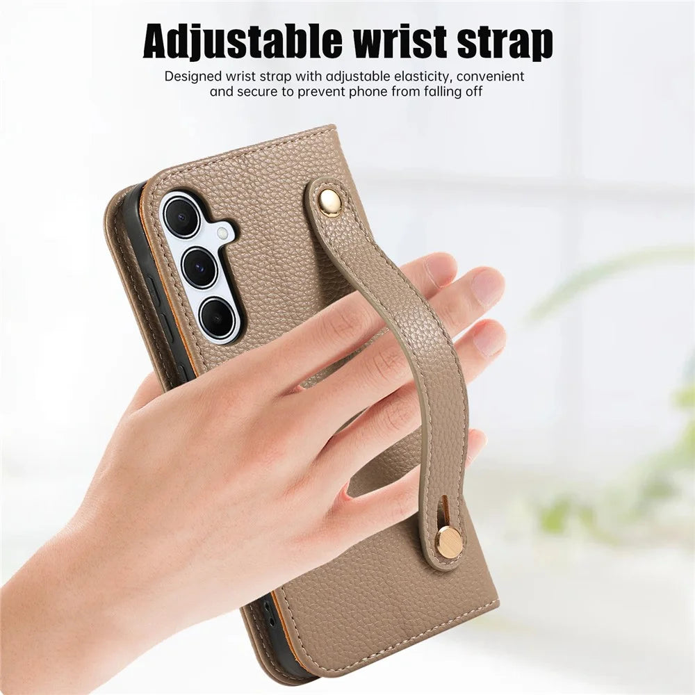 For Samsung Galaxy A55 5G Leather Case with Card Holder, Straps, Shockproof Wallet Phone Cover - Khaki - 7