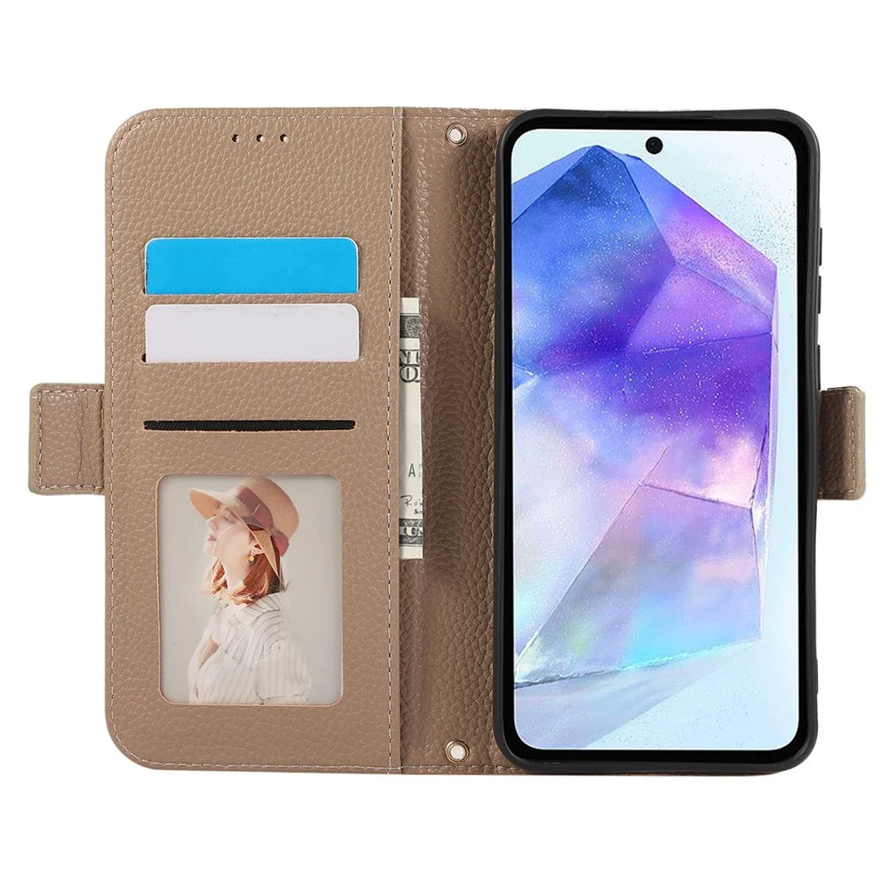 For Samsung Galaxy S24+ Leather Case with Card Holder, Straps, Shockproof Wallet Phone Cover - Khaki - 2