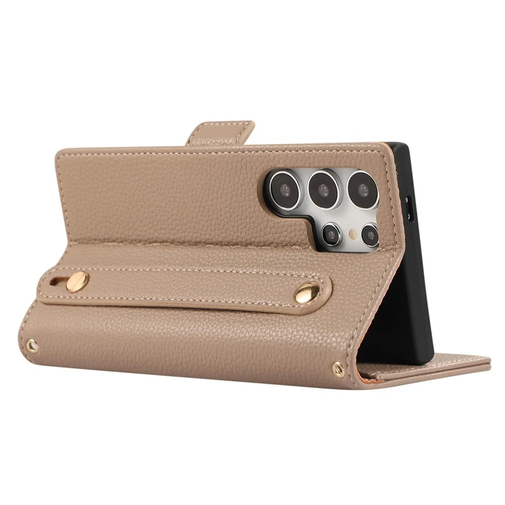 For Samsung Galaxy S23 Ultra Leather Case with Card Holder, Straps, Shockproof Wallet Phone Cover - Khaki - 4