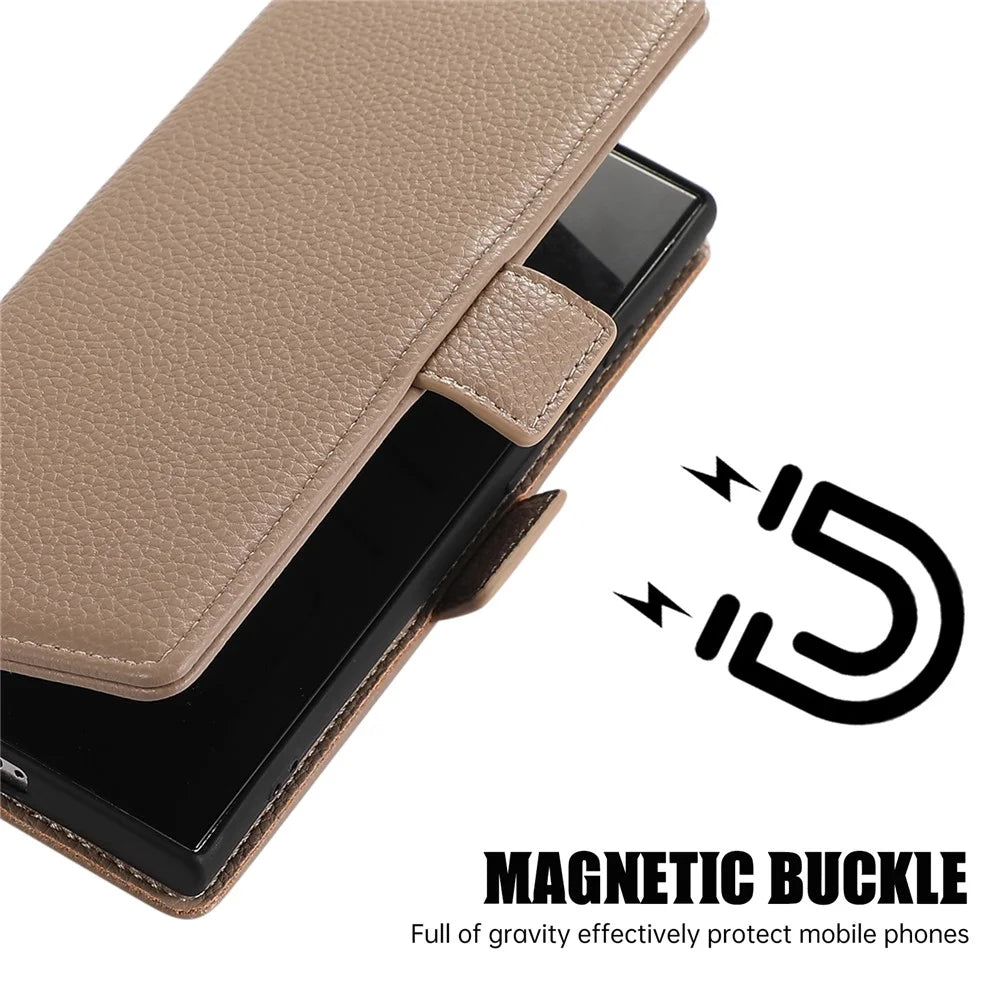 For Samsung Galaxy S23 Ultra Leather Case with Card Holder, Straps, Shockproof Wallet Phone Cover - Khaki - 5