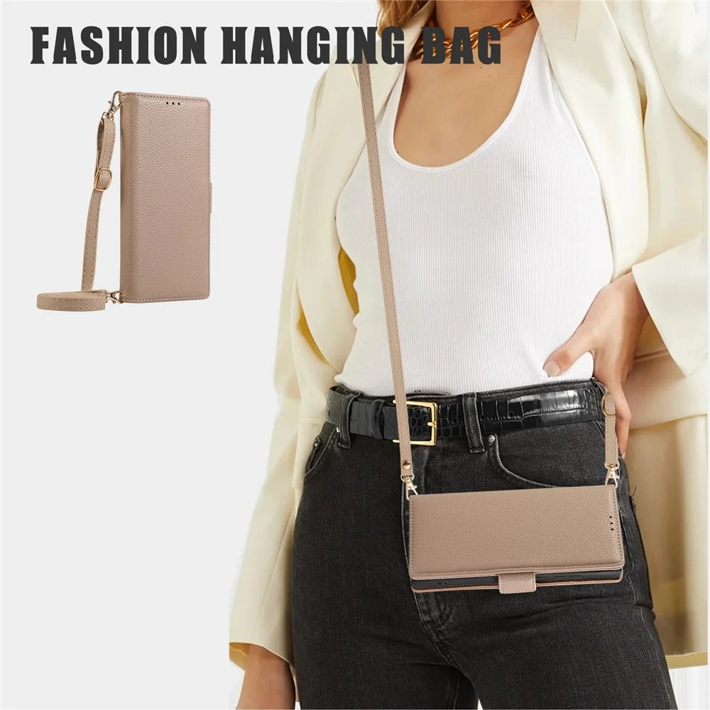 For Samsung Galaxy S23 Ultra Leather Case with Card Holder, Straps, Shockproof Wallet Phone Cover - Khaki - 7