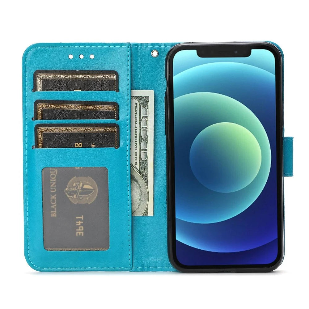 Imprinted Roses Phone Case For iPhone 12 / 12 Pro 6.1 Inch, Drop-Proof PU Leather Flip Cover Wallet Stand Protective Phone Shell - Blue - 2