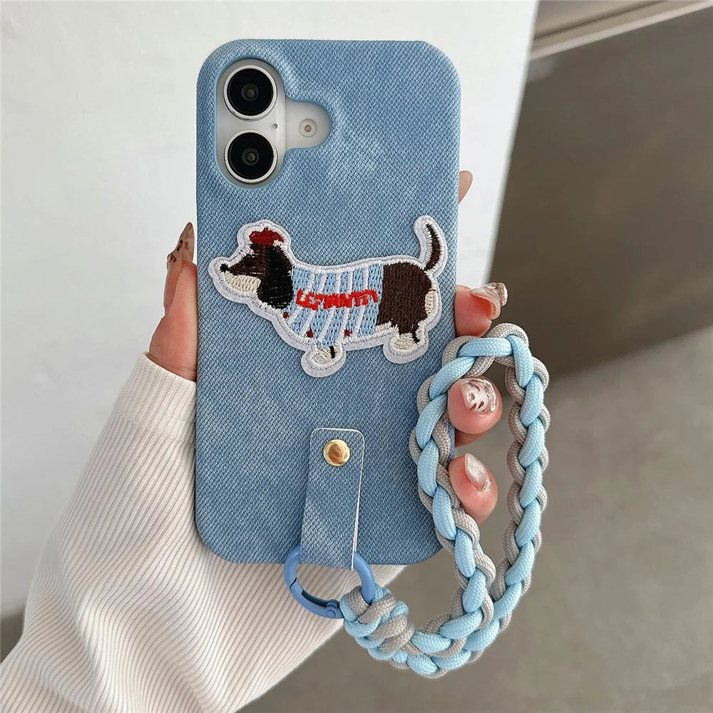 For iPhone 16 Case Jean Cloth PU+PC Phone Back Cover with Braided Handy Strap, Dog Pattern - Baby Blue - 2