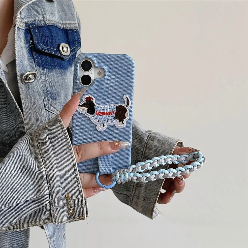 For iPhone 16 Case Jean Cloth PU+PC Phone Back Cover with Braided Handy Strap, Dog Pattern - Baby Blue - 3
