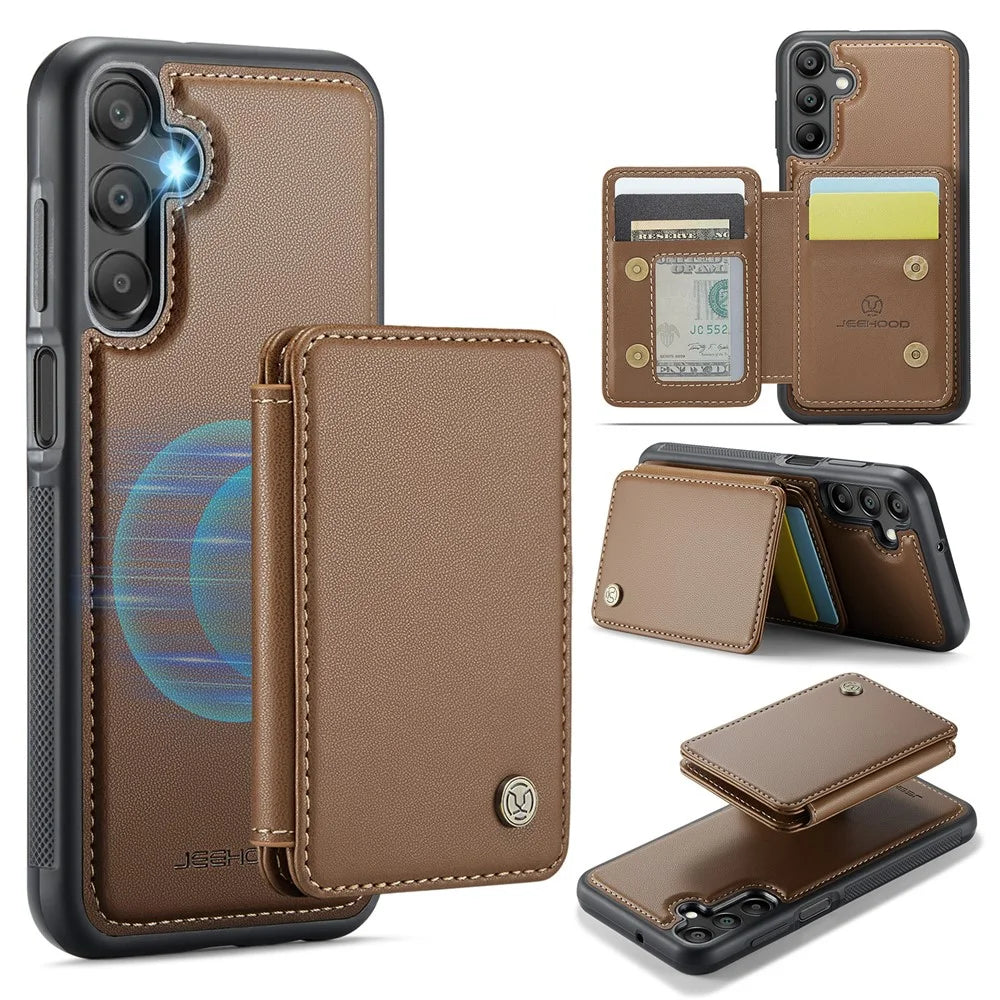 JEEHOOD J05 For Samsung Galaxy A16 5G Case Leather Mobile Cover with Detachable Magnetic Card Bag - Brwon - 1