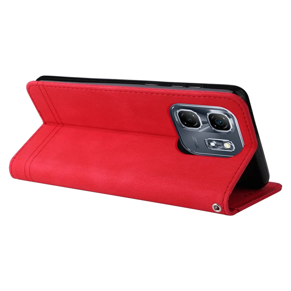 For Infinix Hot 50i 4G / Smart 9 4G Leather Wallet Cases Skin Touch Phone Cover Stand with Strap - Red - 4