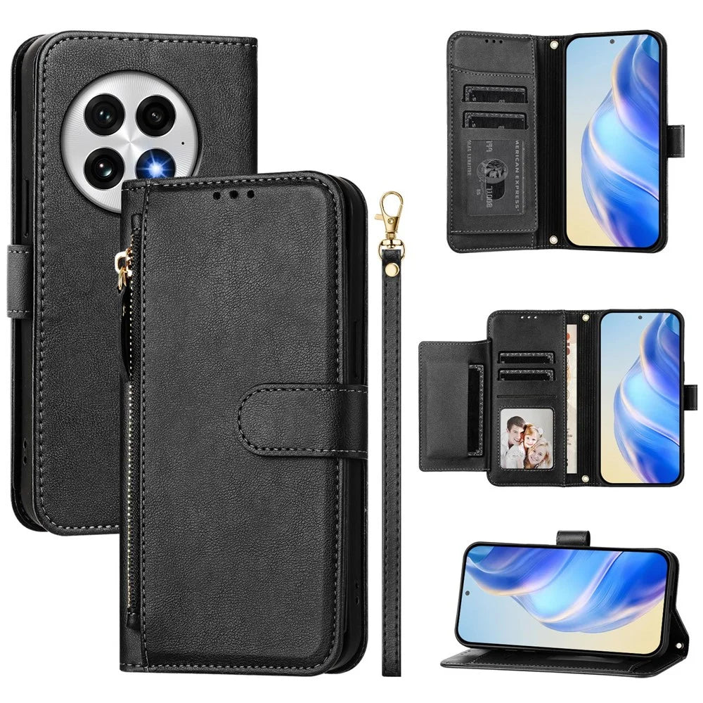 For OnePlus 13 Case Zipper Pocket Multiple Card Slots Leather Phone Cover - Black - 1