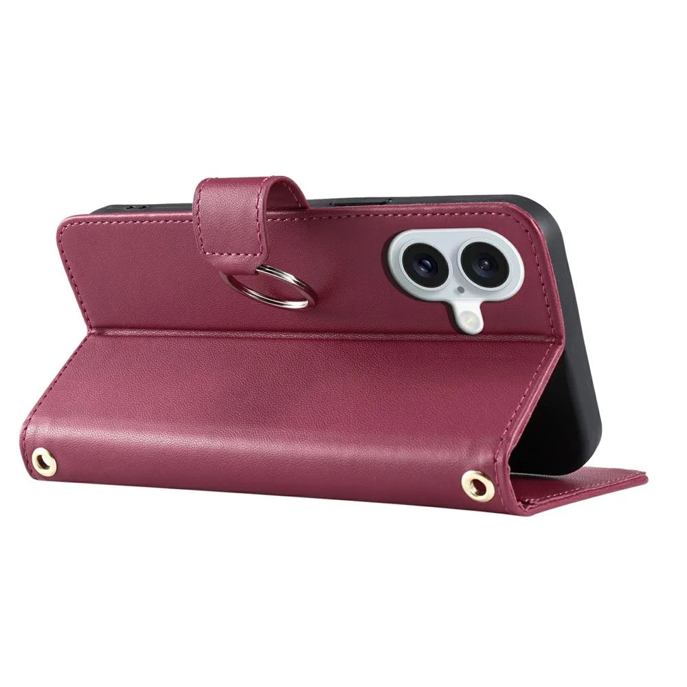 For iPhone 16 Plus Crossbody Leather Case Ring Buckle Wallet Stand Rhombus Mobile Cover - Red - 4