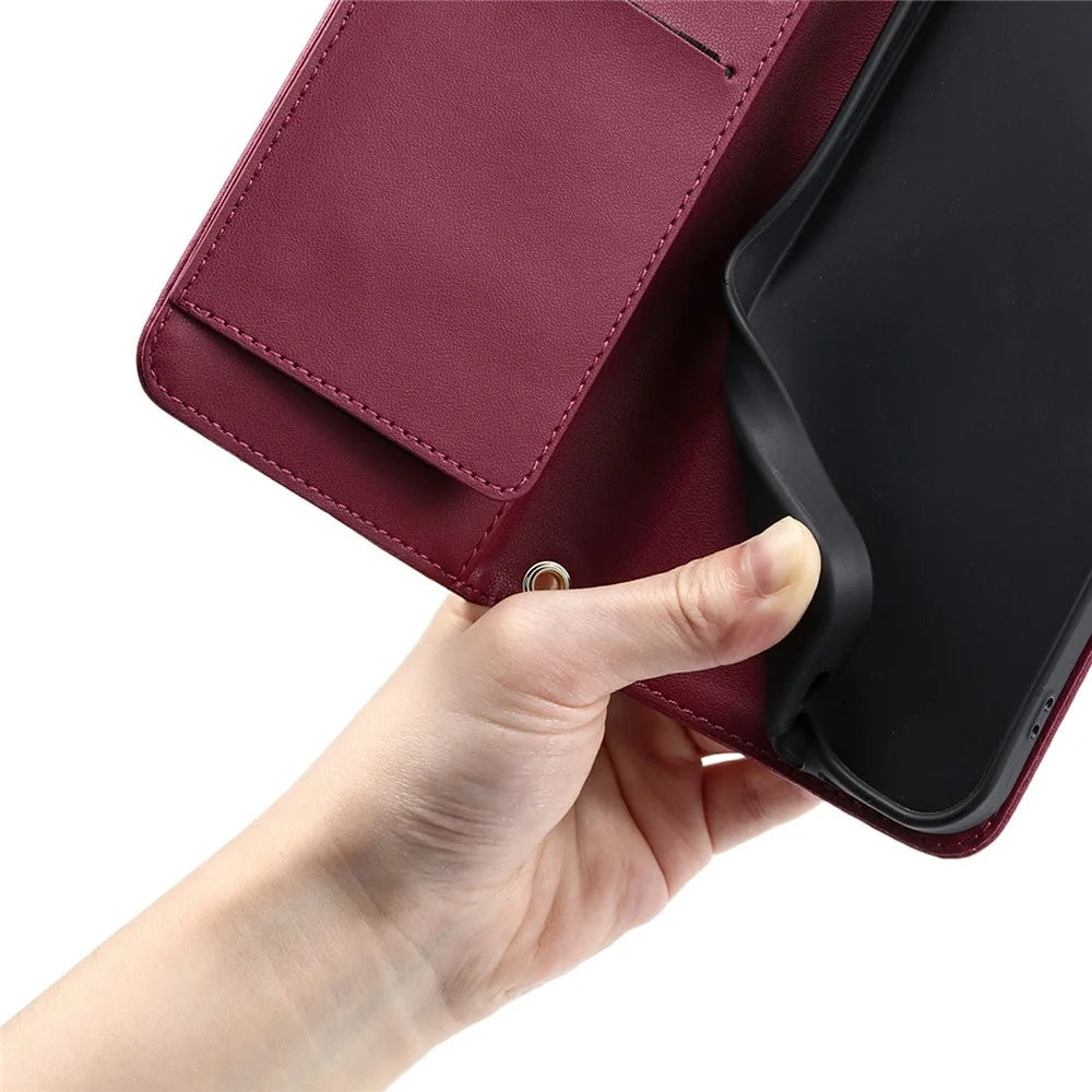 For iPhone 16 Plus Crossbody Leather Case Ring Buckle Wallet Stand Rhombus Mobile Cover - Red - 5