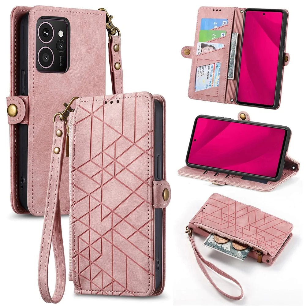 For HMD Skyline Case Zipper Wallet Geometry Lines Leather Phone Cover - Pink - 1