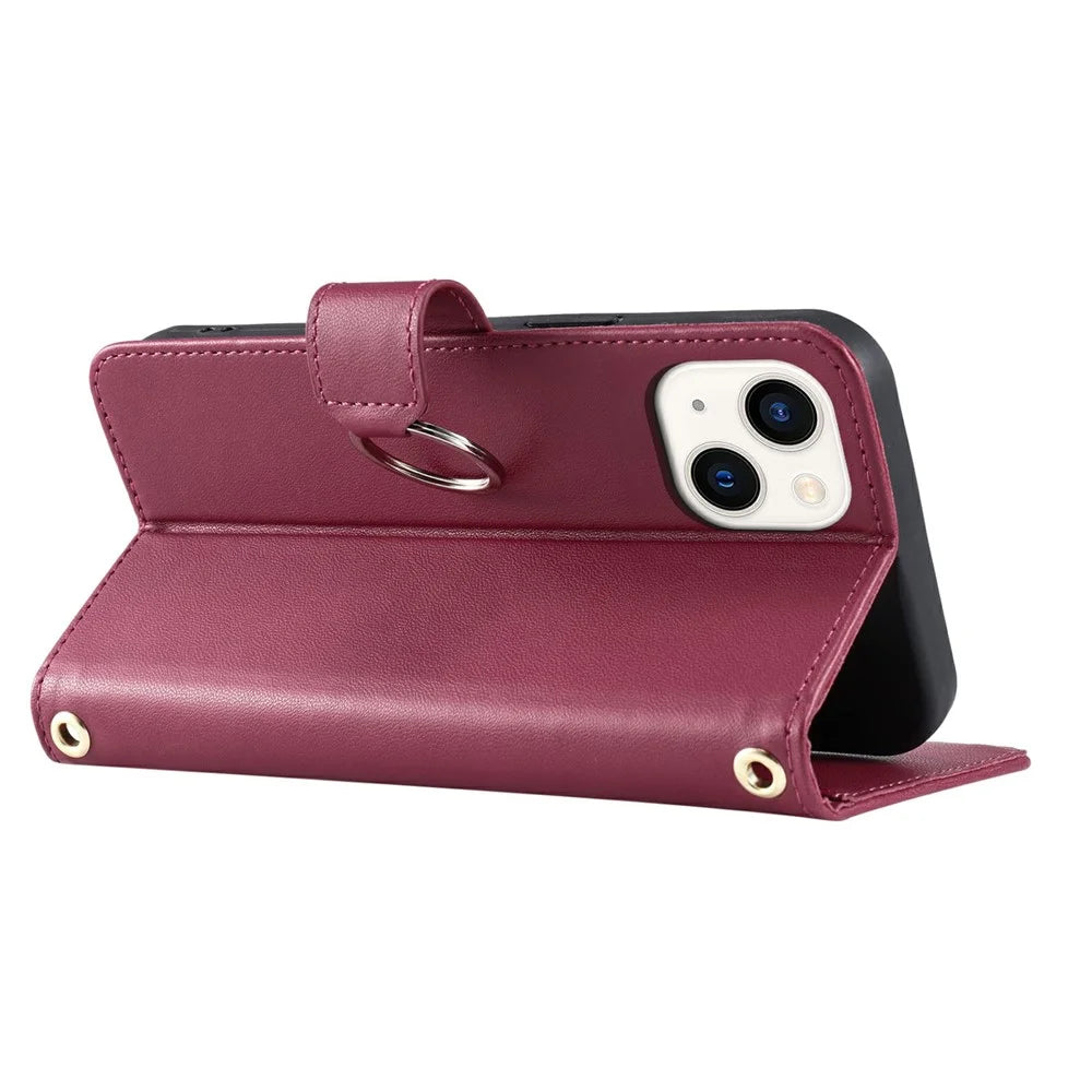 For iPhone 15 Crossbody Leather Case Ring Buckle Wallet Stand Rhombus Mobile Cover - Red - 4