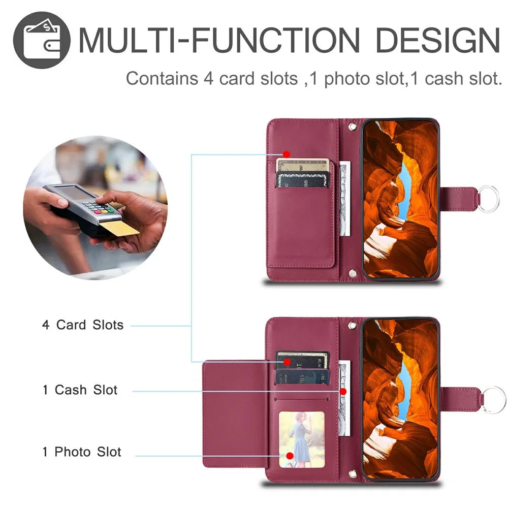 For iPhone 15 Crossbody Leather Case Ring Buckle Wallet Stand Rhombus Mobile Cover - Red - 6