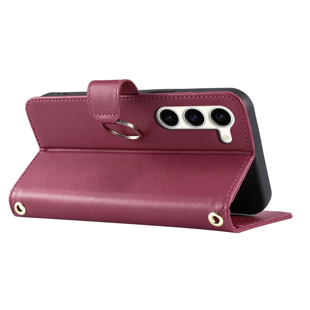 For Samsung Galaxy S23+ Crossbody Leather Case Ring Buckle Wallet Stand Rhombus Mobile Cover - Red - 4