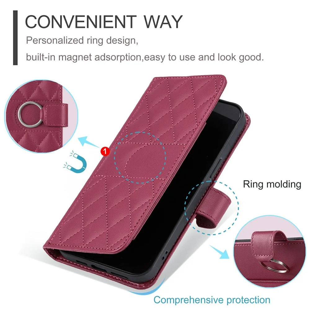 For Samsung Galaxy S23+ Crossbody Leather Case Ring Buckle Wallet Stand Rhombus Mobile Cover - Red - 7