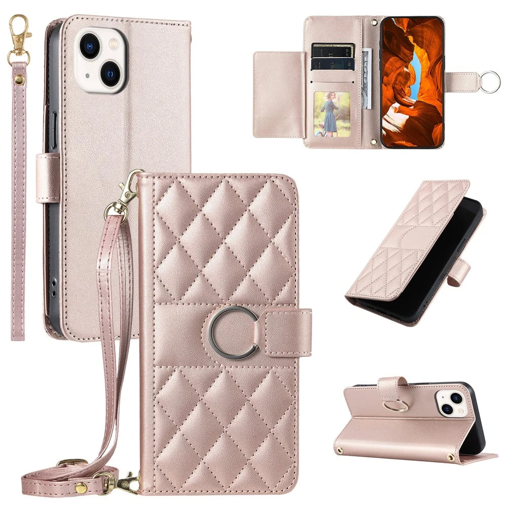 For iPhone 14 / 13 Crossbody Leather Case Ring Buckle Wallet Stand Rhombus Mobile Cover - Rose Gold - 1