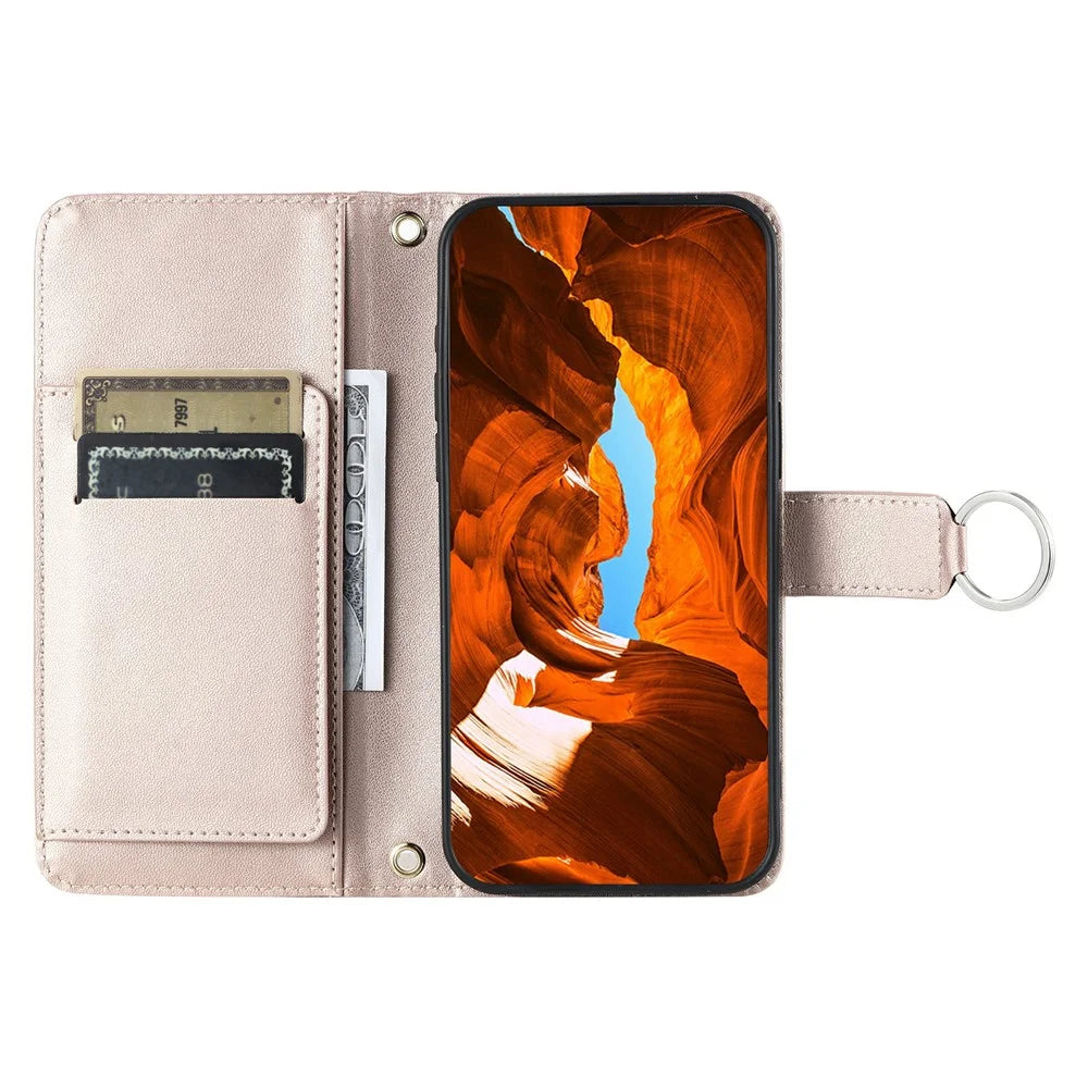 For iPhone 14 / 13 Crossbody Leather Case Ring Buckle Wallet Stand Rhombus Mobile Cover - Rose Gold - 2