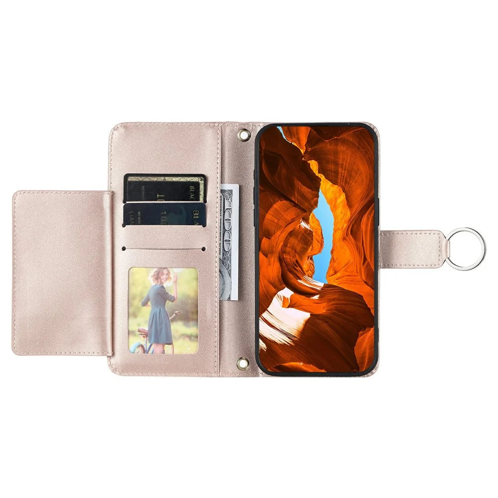 For iPhone 14 / 13 Crossbody Leather Case Ring Buckle Wallet Stand Rhombus Mobile Cover - Rose Gold - 3