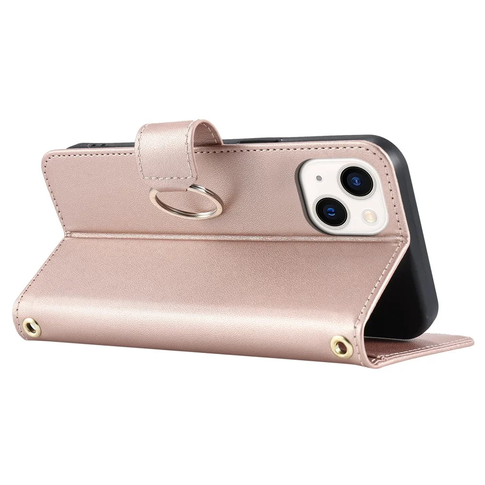 For iPhone 14 / 13 Crossbody Leather Case Ring Buckle Wallet Stand Rhombus Mobile Cover - Rose Gold - 4