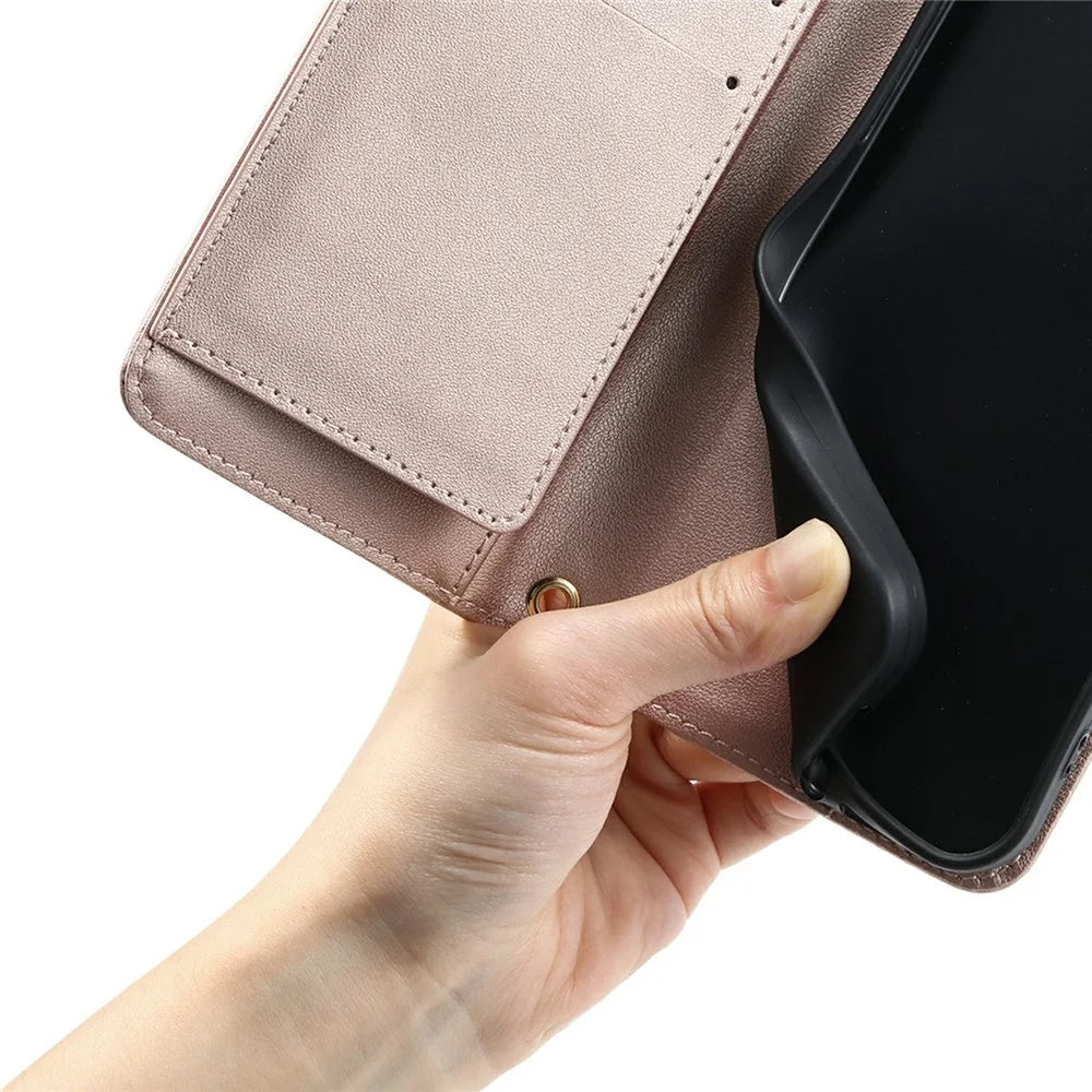 For iPhone 14 / 13 Crossbody Leather Case Ring Buckle Wallet Stand Rhombus Mobile Cover - Rose Gold - 6